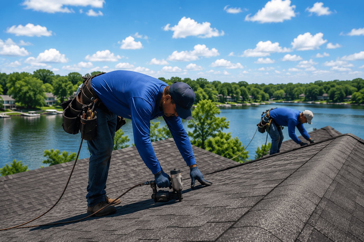 Clyde Nettles Roofers working on a lake house roof in summer